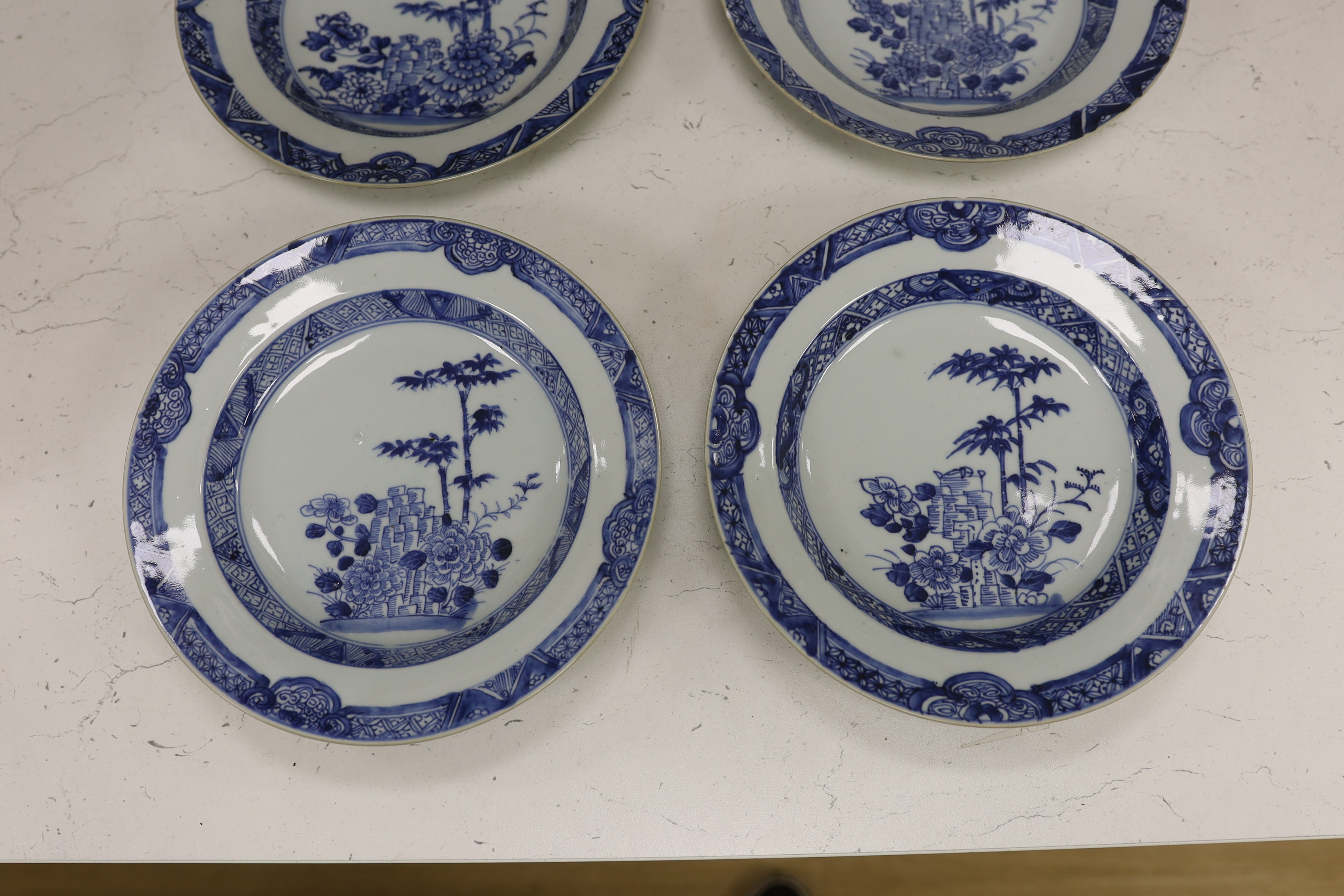 A set of six 18th century Chinese export blue and white dessert dishes, 22.5cm